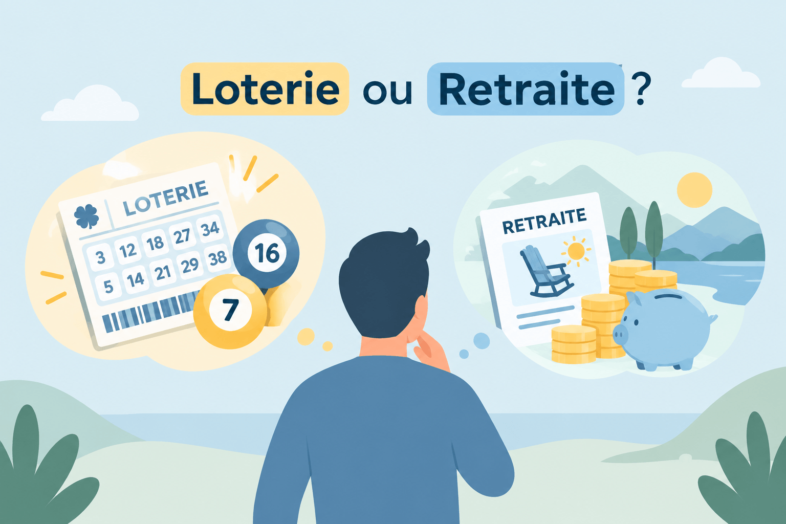 Illustration « Loterie ou Retraite? » montrant un billet de loterie et une tirelire avec des économies pour la retraite.