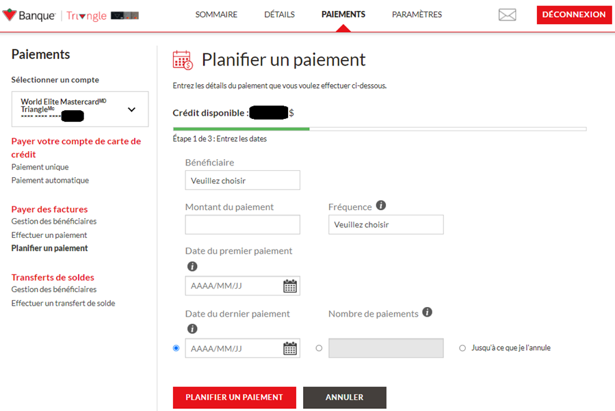 Banque Canadian Tire – Planifier un paiement – Entrer les détails du paiement