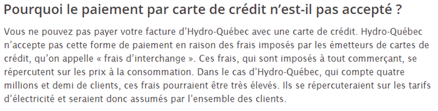 Hydro-Québec – Pourquoi le paiement par carte de crédit n’est-il pas accepté ? (source : hydroquebec.com)