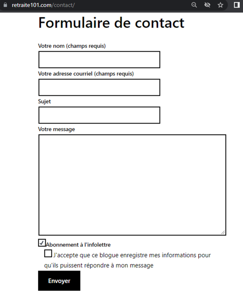 Formulaire de contact du blogue Retraite 101 avec l’extension « Contact Form 7 »
