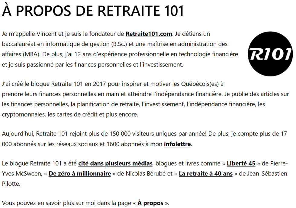 Page d’accueil du blogue Retraite 101 – Blogue de finances personnelles (section « À propos de Retraite 101 »)