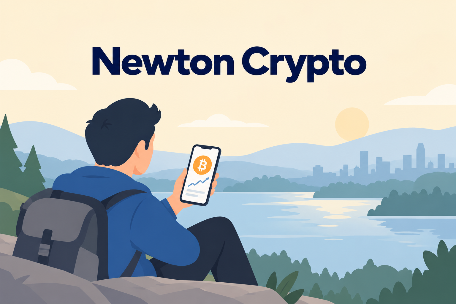 Newton Crypto : investisseur consultant le cours du Bitcoin sur son téléphone au bord d'un lac.