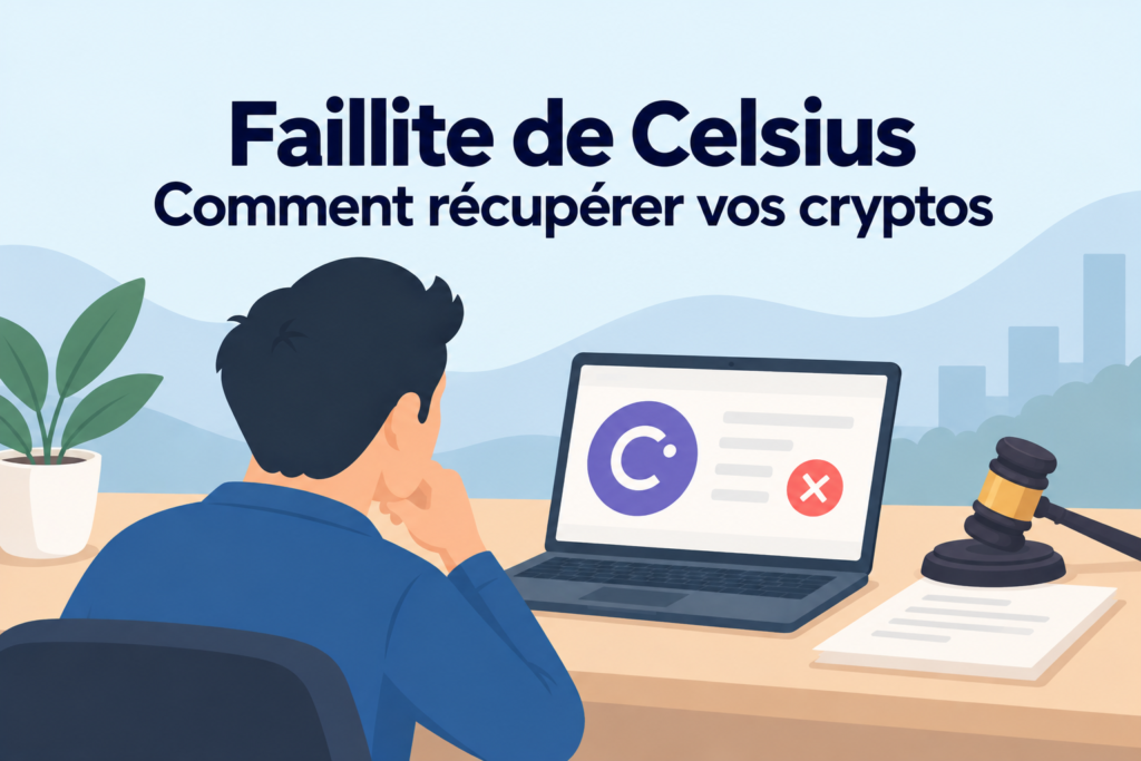 Faillite de Celsius : investisseur devant un ordinateur affichant une erreur, avec un marteau de juge symbolisant la procédure judiciaire.