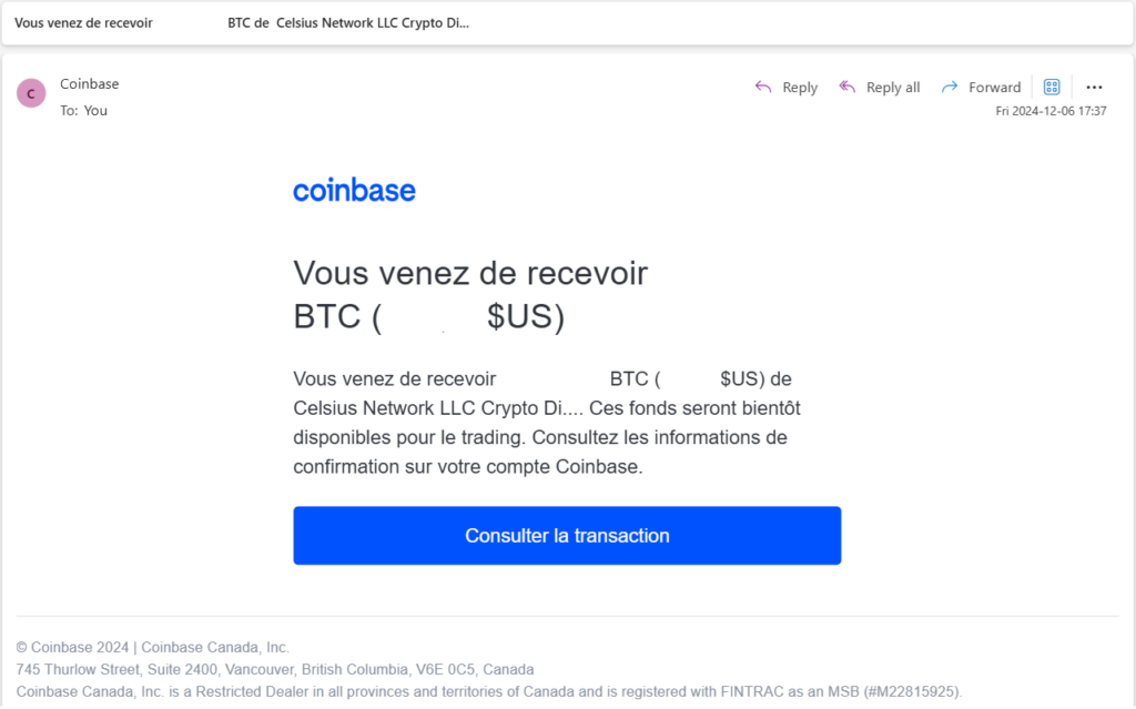 Faillite de Celsius : Courriel de Coinbase qui confirme la deuxième distribution (BTC)