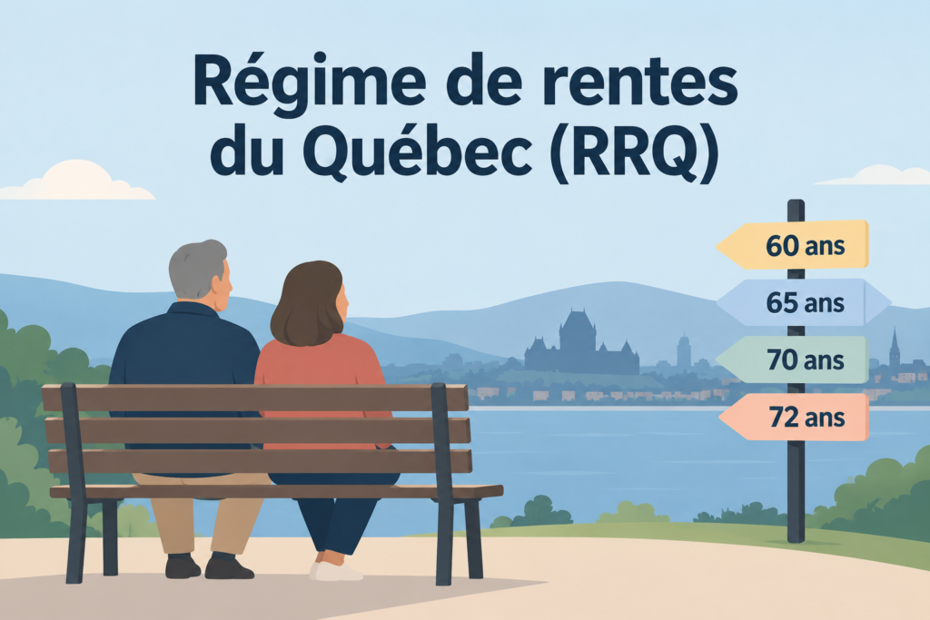 Illustration d'un couple de retraités devant un panneau indiquant les âges de 60, 65, 70 et 72 ans pour demander la rente du RRQ.
