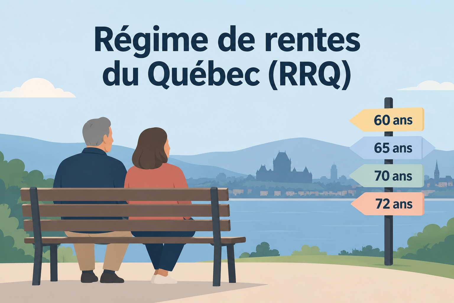 Illustration d'un couple de retraités devant un panneau indiquant les âges de 60, 65, 70 et 72 ans pour demander la rente du RRQ.