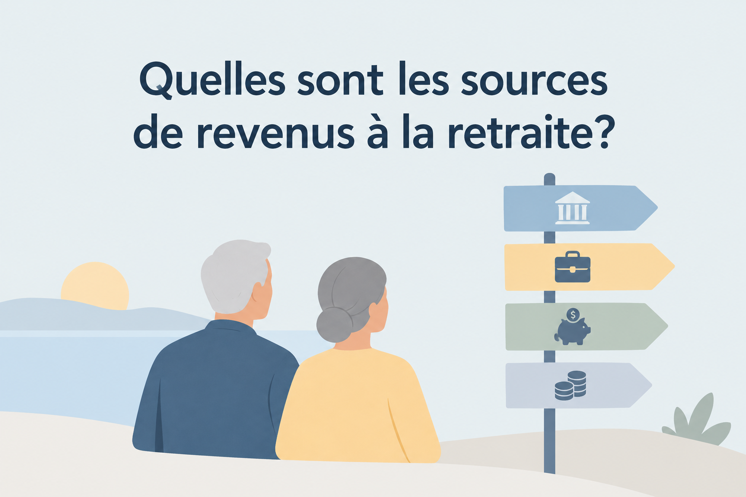 Illustration d'un couple de retraités devant des panneaux représentant les différentes sources de revenus à la retraite.