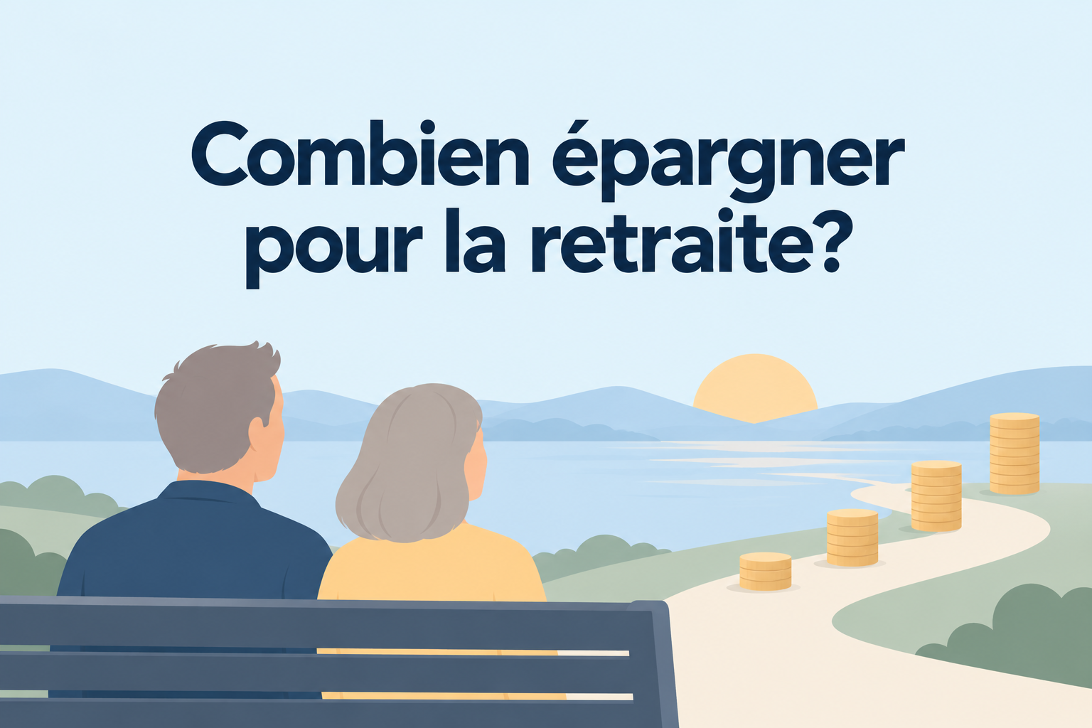 Illustration d'un couple assis sur un banc devant un paysage, avec des piles de pièces de monnaie croissantes symbolisant l'épargne-retraite.