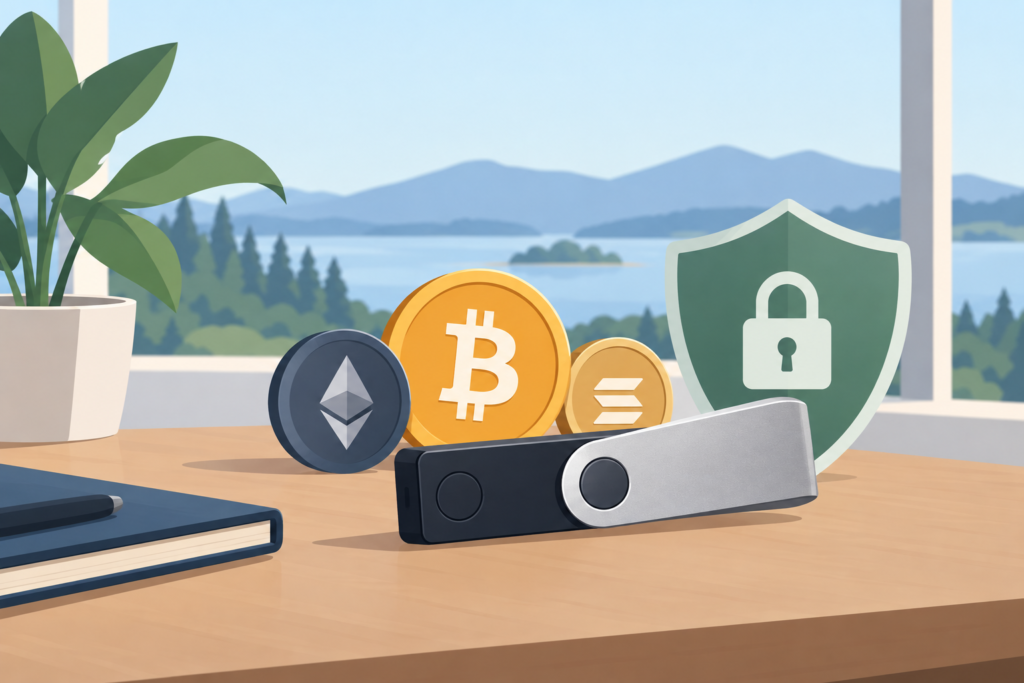 Illustration d'un portefeuille matériel de cryptomonnaies protégé par un cadenas.