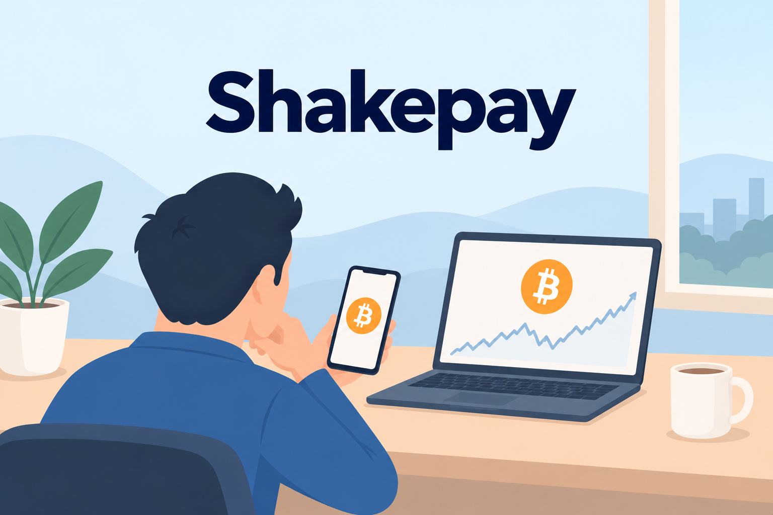 Shakepay : investisseur consultant le Bitcoin sur un téléphone et un ordinateur affichant un graphique de prix.