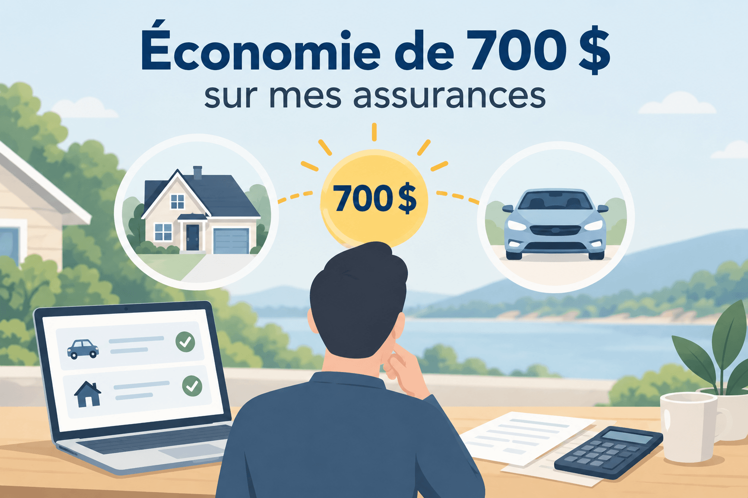 Illustration d'une économie de 700 $ sur les assurances auto et habitation grâce à la comparaison des offres.