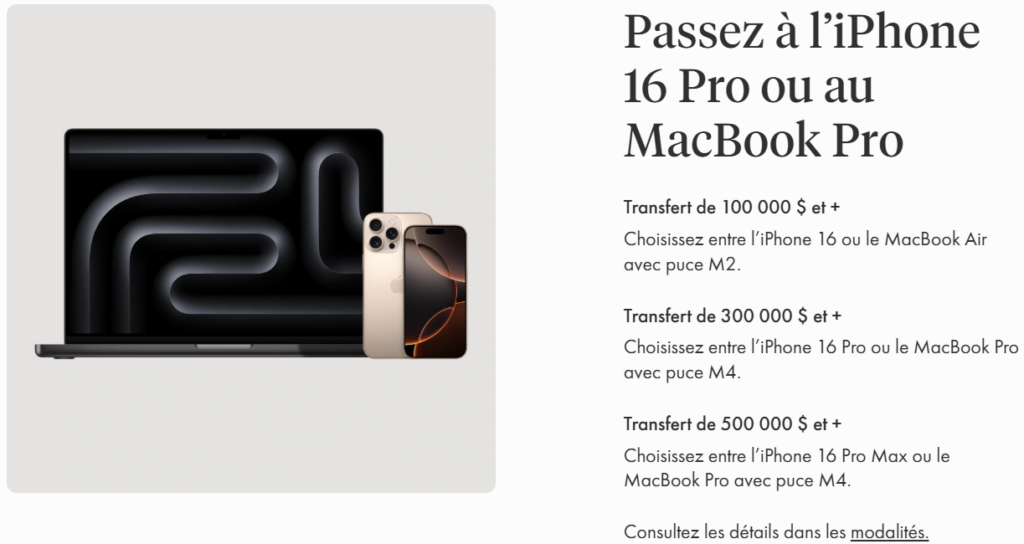 Promotion Apple de Wealthsimple : iPhone 16 Pro ou MacBook Pro