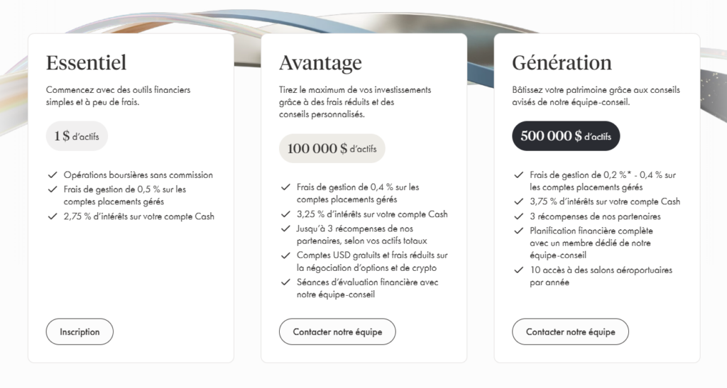 Les avantages de la clientèle Essentiel, Avantage et Génération de Wealthsimple