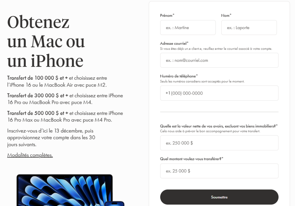 Formulaire d'inscription de la Promotion Apple de Wealthsimple