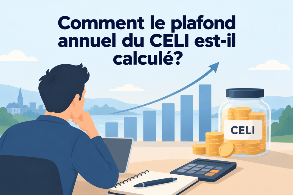Illustration d'un homme devant un graphique croissant, une calculatrice et un pot d'épargne CELI, représentant le calcul du plafond annuel du CELI.