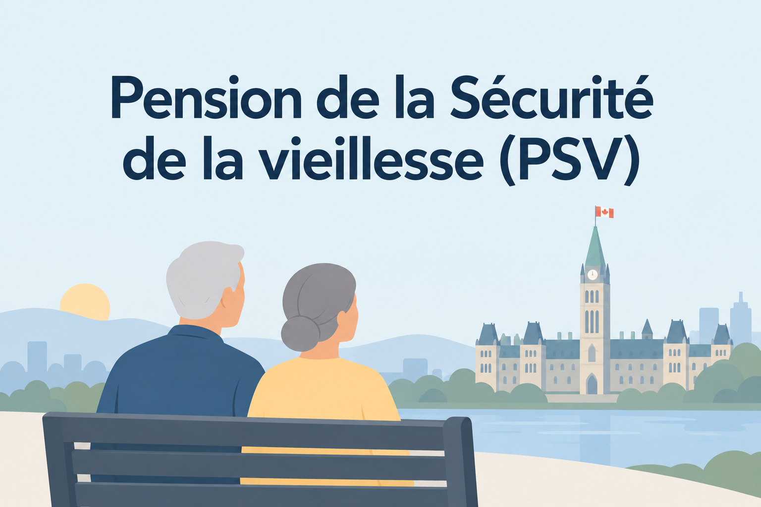 Illustration d'un couple de retraités devant le Parlement du Canada, représentant la pension de la Sécurité de la vieillesse (PSV).