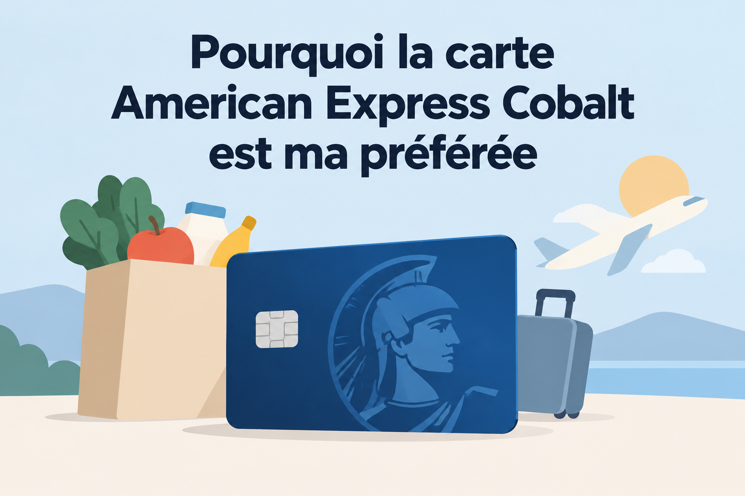 Illustration d'une carte de crédit bleu cobalt avec des symboles de récompenses, d'épicerie et de voyage.