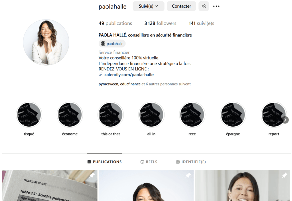 La page Instagram de Paola Hallé, conseillère en sécurité financière