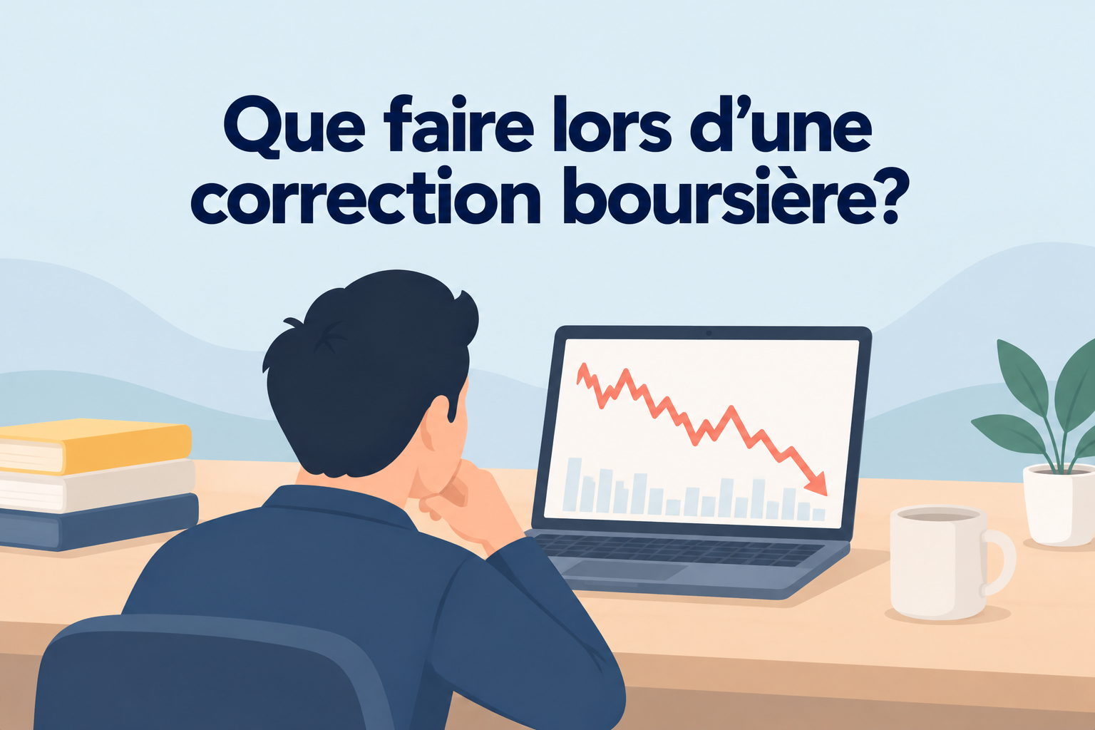 Correction boursière illustrée par un investisseur devant un ordinateur affichant un graphique boursier en baisse.