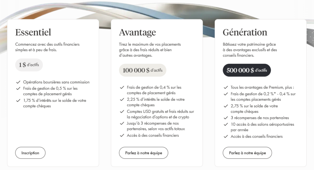 Les avantages de la clientèle Essentiel, Avantage et Génération de Wealthsimple