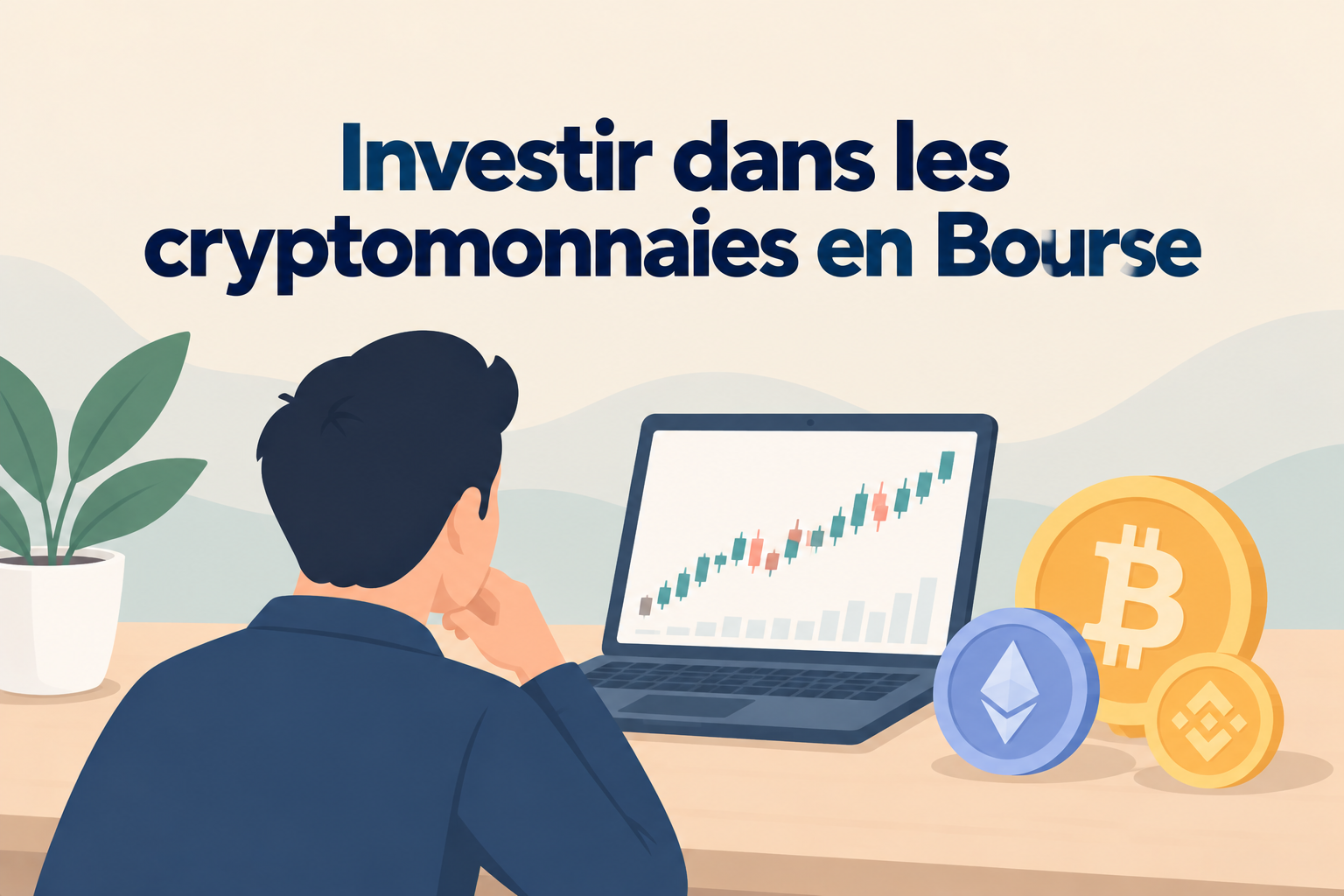 Investir dans les cryptomonnaies en Bourse : investisseur devant un graphique boursier avec des symboles de Bitcoin et d'Ethereum.