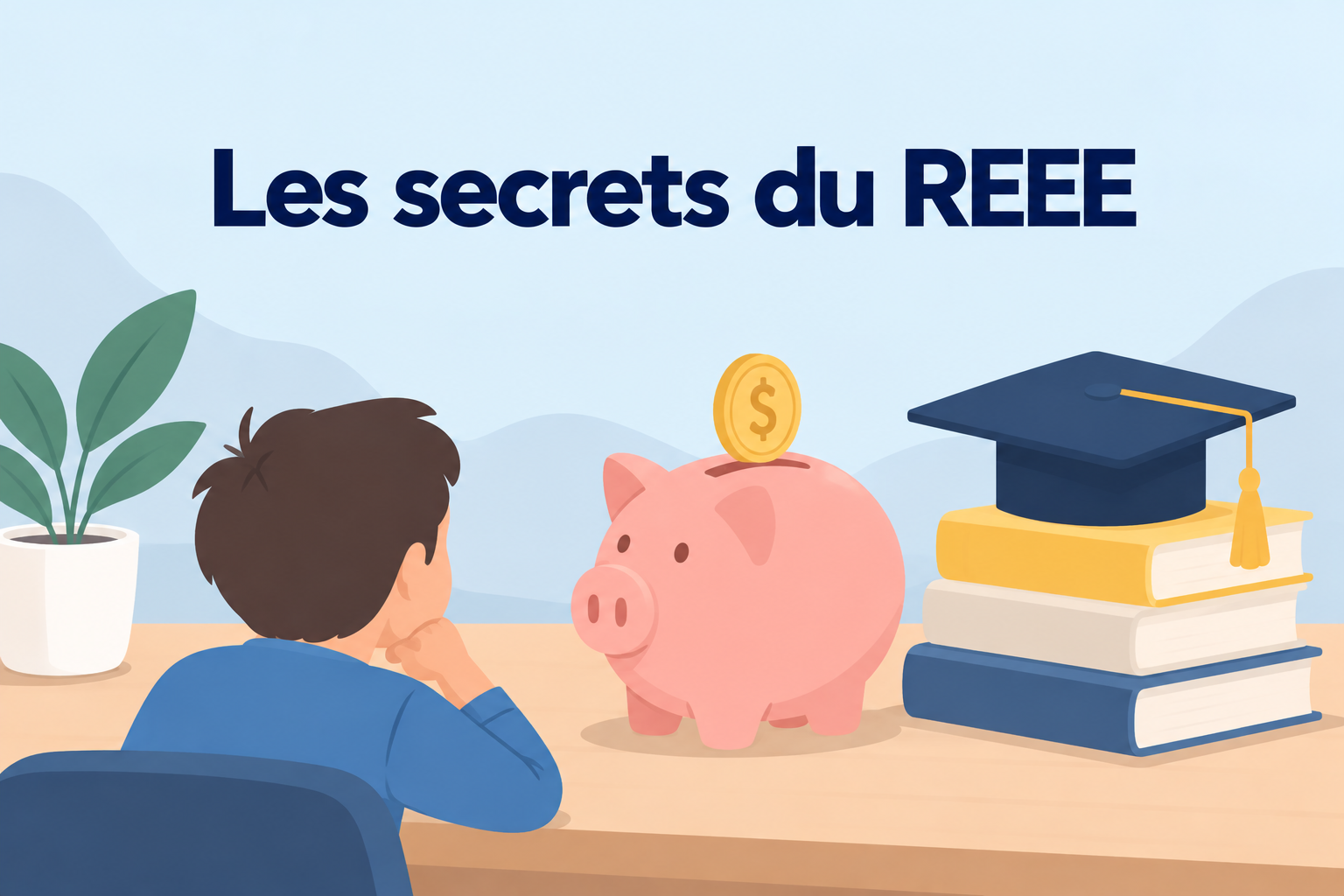 Les secrets du REEE illustrés par un enfant, une tirelire et des livres surmontés d'un chapeau de diplômé.