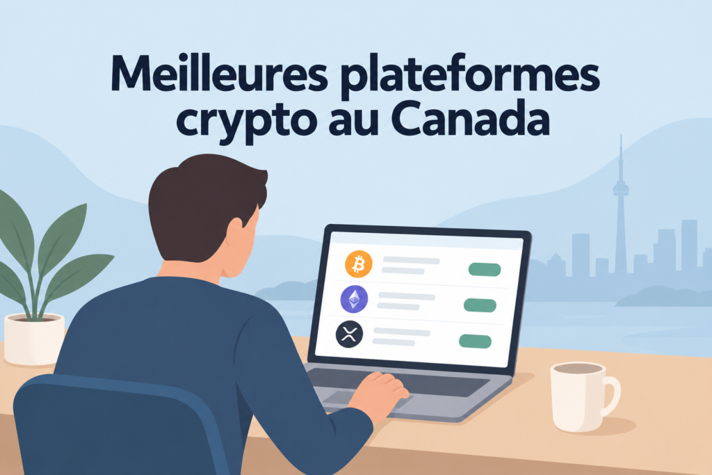 Illustration d'une personne comparant des plateformes de cryptomonnaies au Canada sur un ordinateur.