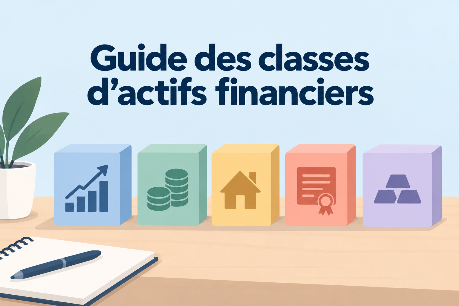 Guide des classes d'actifs financiers illustrant les actions, les liquidités, l'immobilier, les obligations et les métaux précieux.