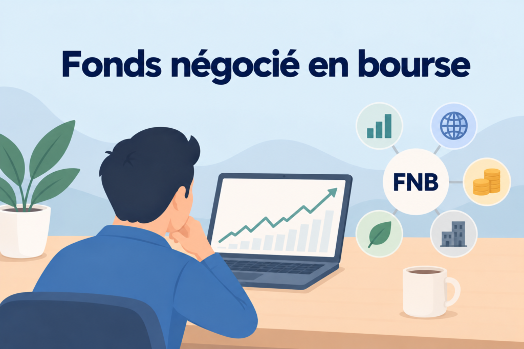 Fonds négocié en Bourse (FNB) illustré par un investisseur devant un graphique boursier et plusieurs catégories de placements.