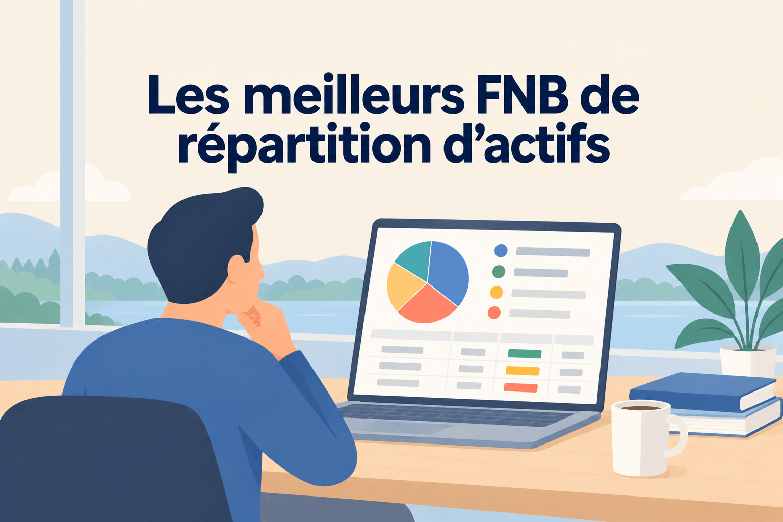 Illustration d'un investisseur comparant des FNB de répartition d'actifs à l'aide d'un tableau et d'un graphique circulaire.