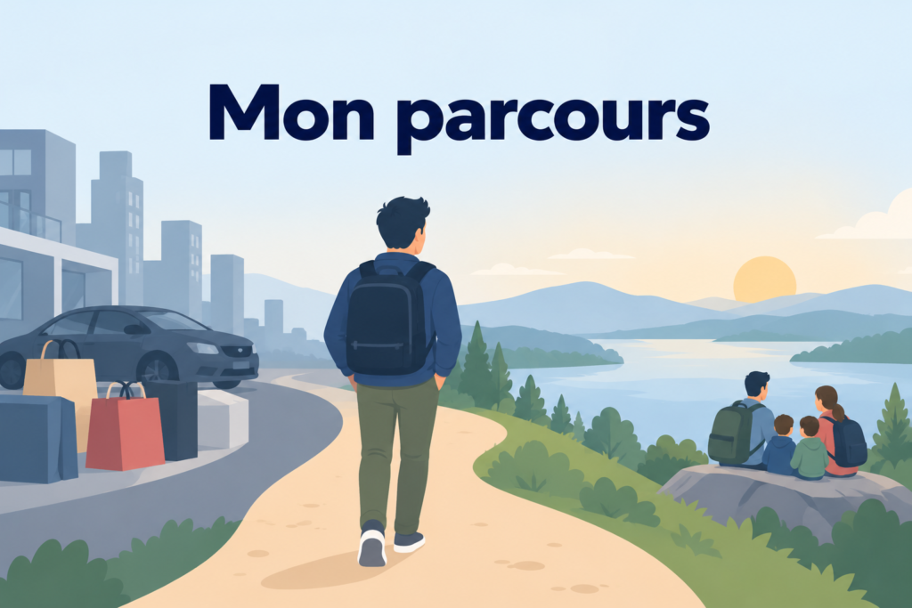 Homme marchant sur un chemin entre la surconsommation urbaine et une vie plus libre, axée sur la famille et le CoastFIRE.
