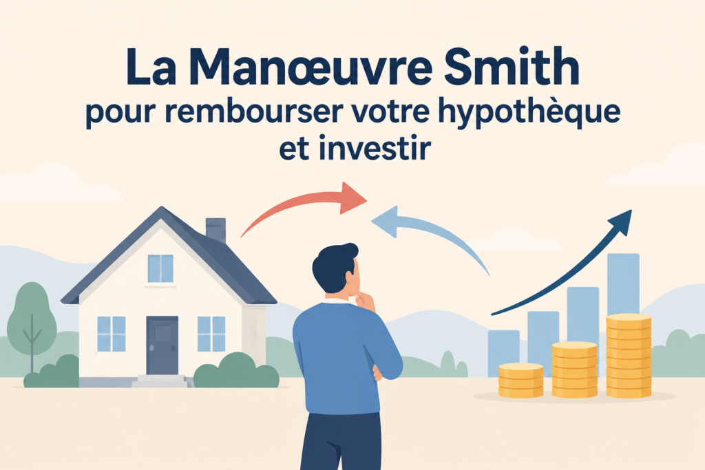 Illustration de la manœuvre Smith : une maison, des flèches et des placements représentant la conversion d'une dette hypothécaire en dette d'investissement.