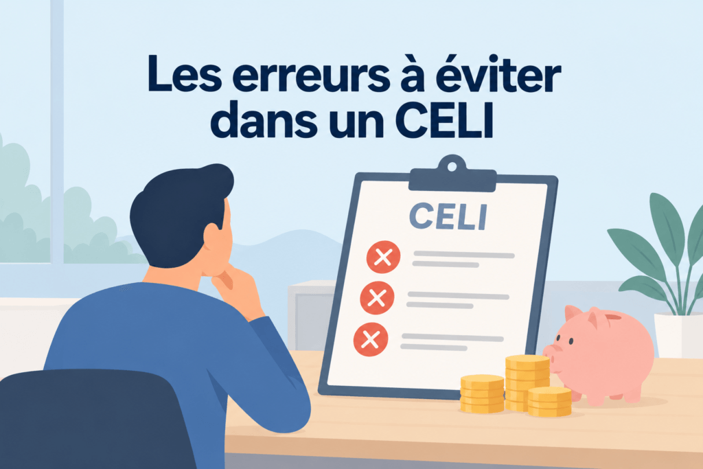 Illustration d'un épargnant examinant une liste d'erreurs à éviter dans un CELI.