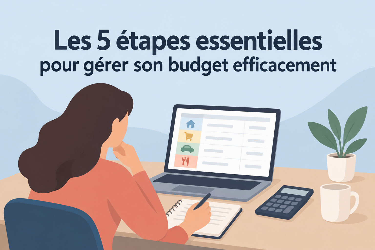 Illustration d'une personne qui prépare son budget à l'aide d'un ordinateur et d'une calculatrice.