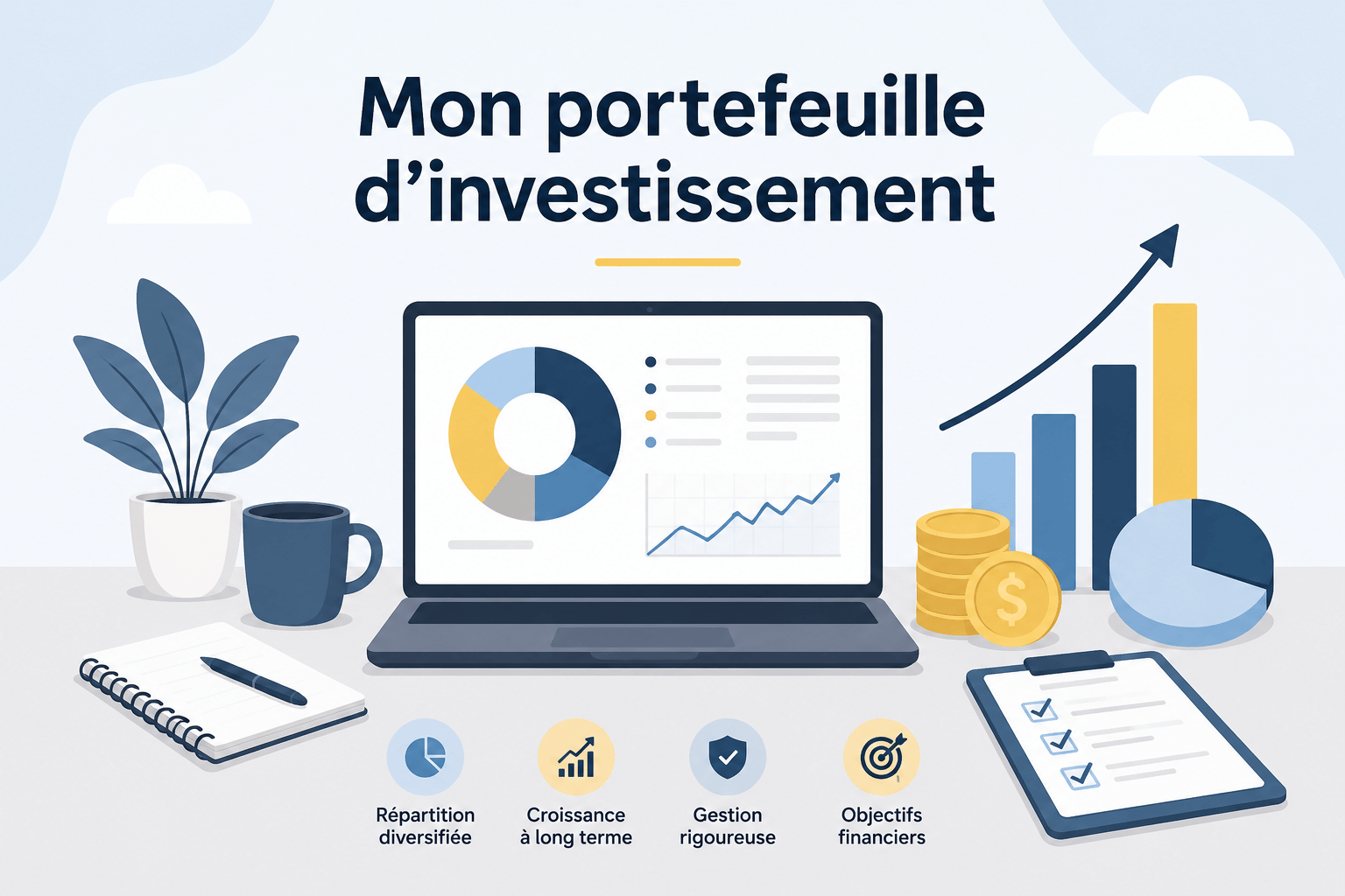 Illustration représentant un portefeuille d’investissement avec des graphiques financiers, des placements diversifiés et une stratégie de croissance à long terme.