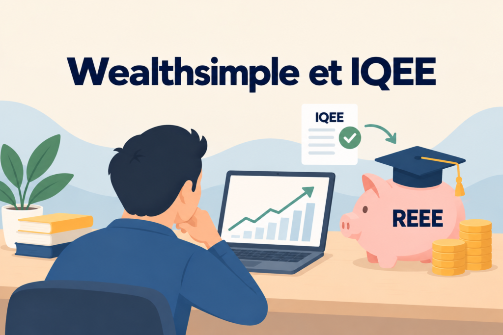 Wealthsimple et IQEE : illustration d'un REEE avec une tirelire, un chapeau de diplômé et une confirmation de la subvention québécoise.