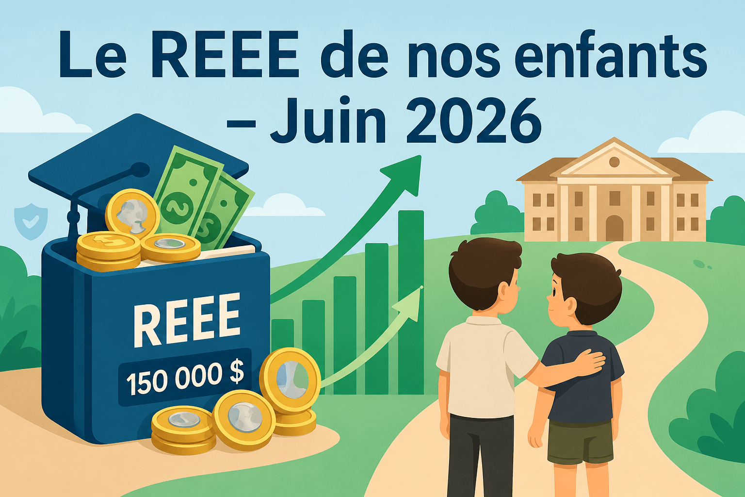 Illustration du REEE familial des enfants en juin 2026, affichant une valeur de 150 000 $, avec un graphique de croissance et un campus universitaire en arrière-plan.