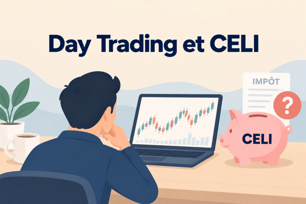Day trading dans un CELI : investisseur devant un graphique boursier, avec une tirelire CELI et un document fiscal.