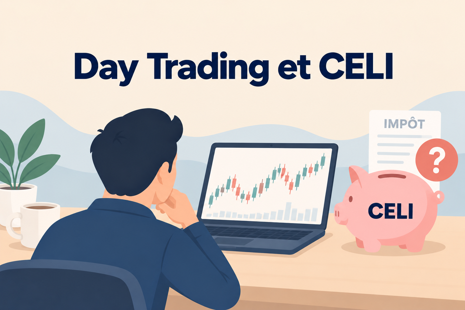 Day trading dans un CELI : investisseur devant un graphique boursier, avec une tirelire CELI et un document fiscal.