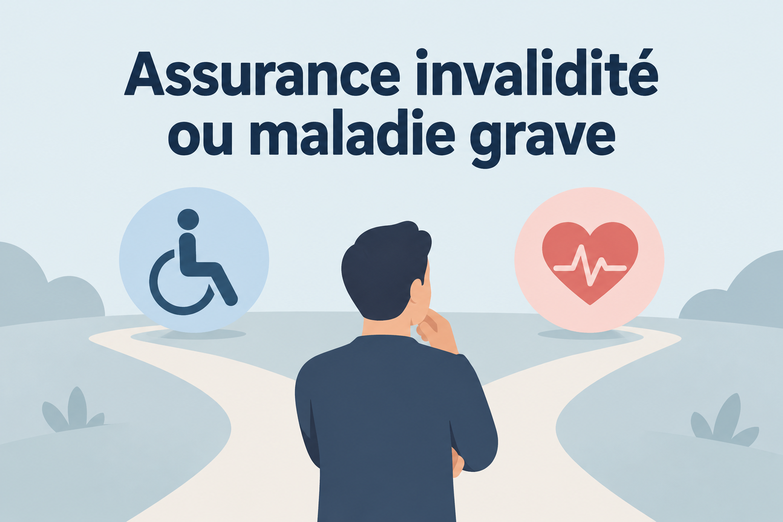 Illustration d'une personne devant deux chemins représentant l'assurance invalidité et l'assurance maladies graves.