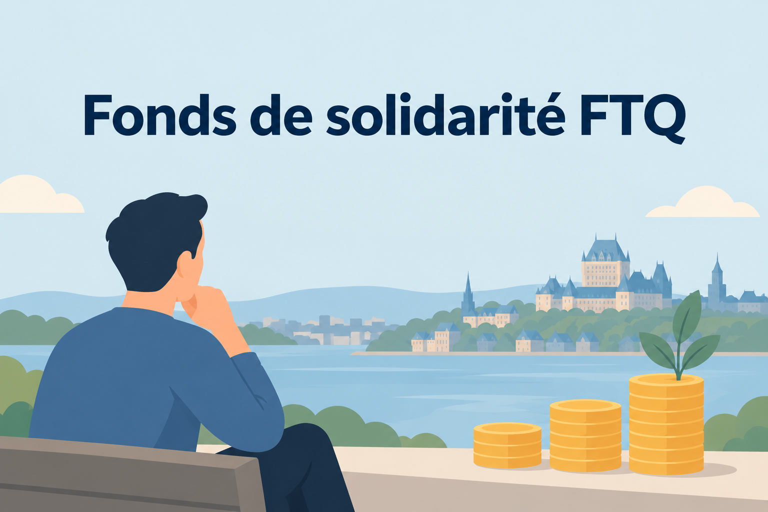 Illustration d'un épargnant devant le Château Frontenac et des piles de pièces de monnaie représentant l'épargne et les placements du Fonds de solidarité FTQ.