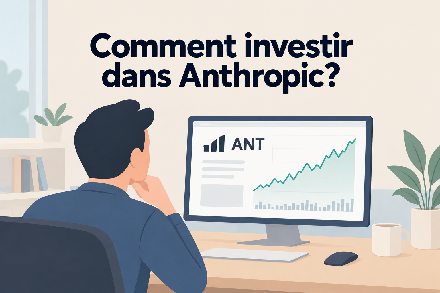 Illustration d'un investisseur devant un ordinateur affichant l'action Anthropic (ANT) et un graphique boursier.