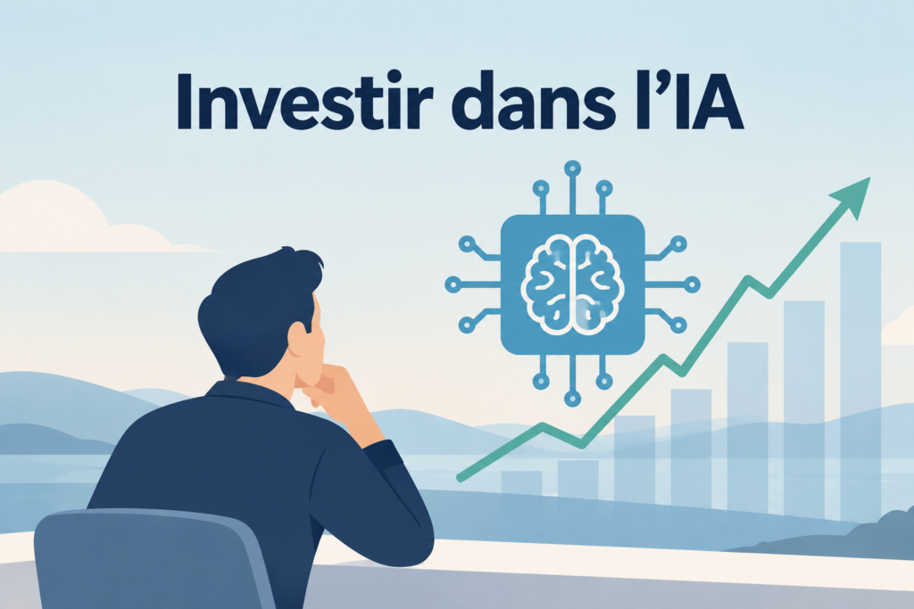 Illustration d'un investisseur observant une puce d'intelligence artificielle et un graphique boursier.