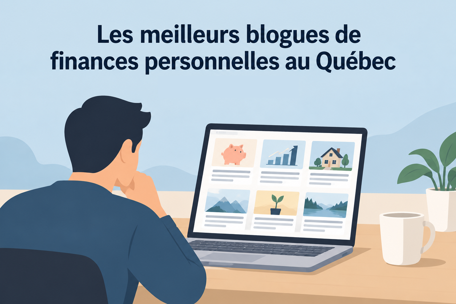 Illustration de plusieurs blogues de finances personnelles au Québec représentés par des pages Web et des livres ouverts.